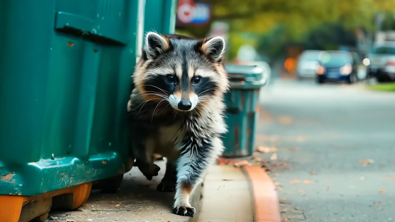 un mapaches de pie al lado de un cubo de basura verde