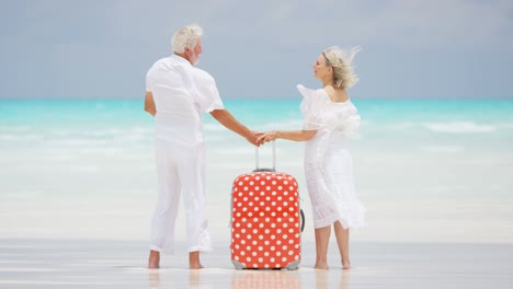 male female caucasian seniors on beach with suitcase