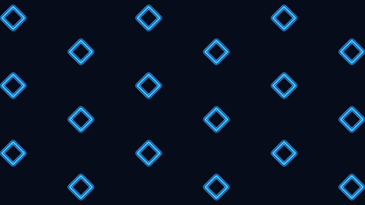 Abstract footage of repeating glowing blue neon diamond shapes on a dark background, seamless geometric pattern for technology, digital interface, and motion design