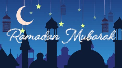 glittery ramadan mubarak greeting with mosques and lanterns with moon and stars