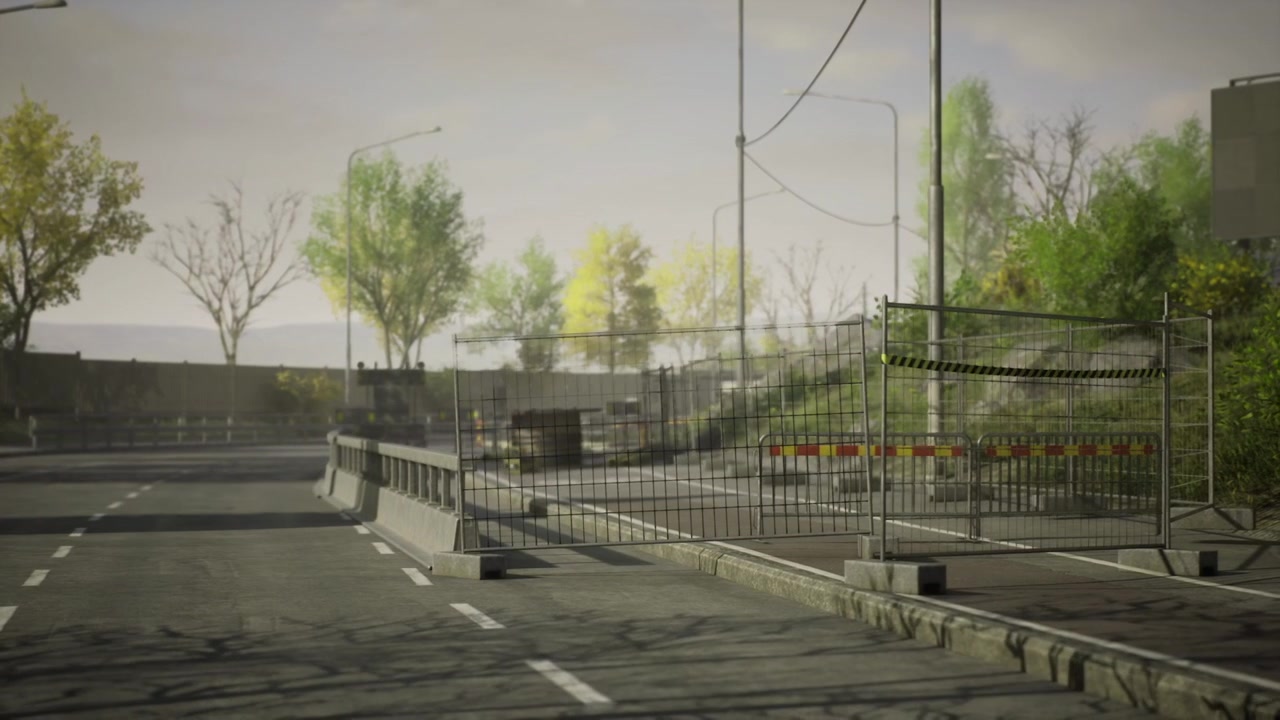 Industrial route overview industrial pathway featuring barriers and lighting