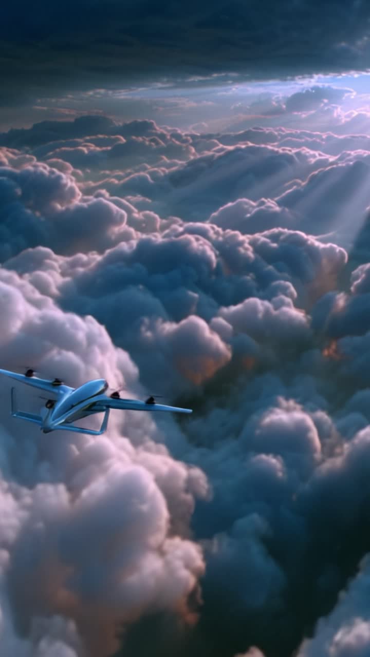 Viaggio aereo sopra nuvole vibranti: viste accattivanti di un aereo che si libra attraverso un mare di strati di nuvole soffici sotto un cielo drammatico