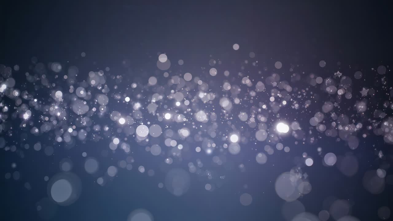 Drifting bokeh band filling and brightening over five frames across dark navy backdrop, fine sparks