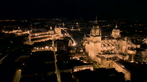 pullback shot from unique architectural cathedrals in salamanca down town, spain