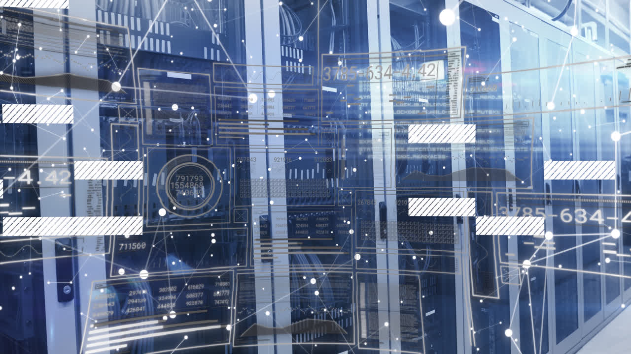 Animation of interfaces with data processing and network of connections against computer server room