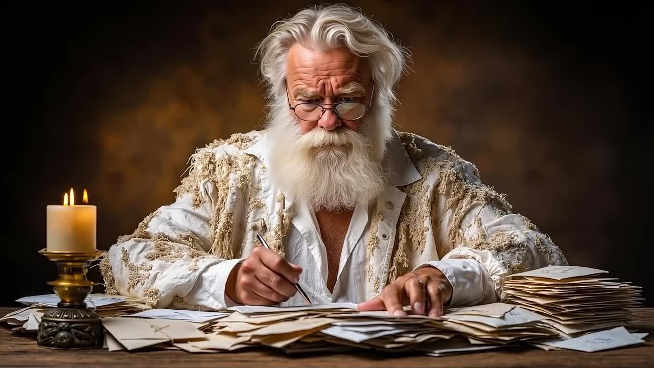 A man with a long white beard sitting at a table writing on a piece of paper