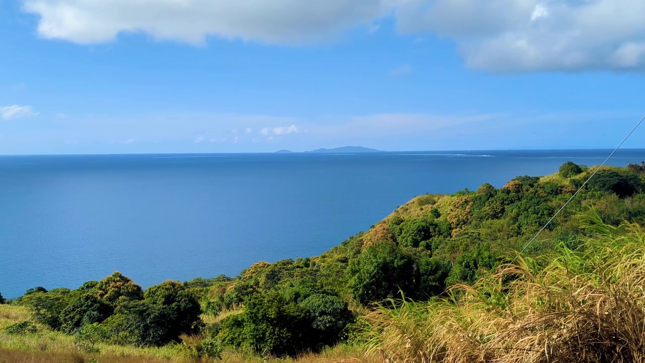 Static aerial view overlooking ocean on Ovalau Island, Lomaiviti Archipelago in Fiji, South Pacific