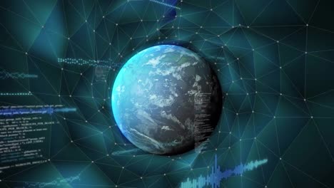 animation of soundwaves, computer language over globe against connected dots forming tunnel