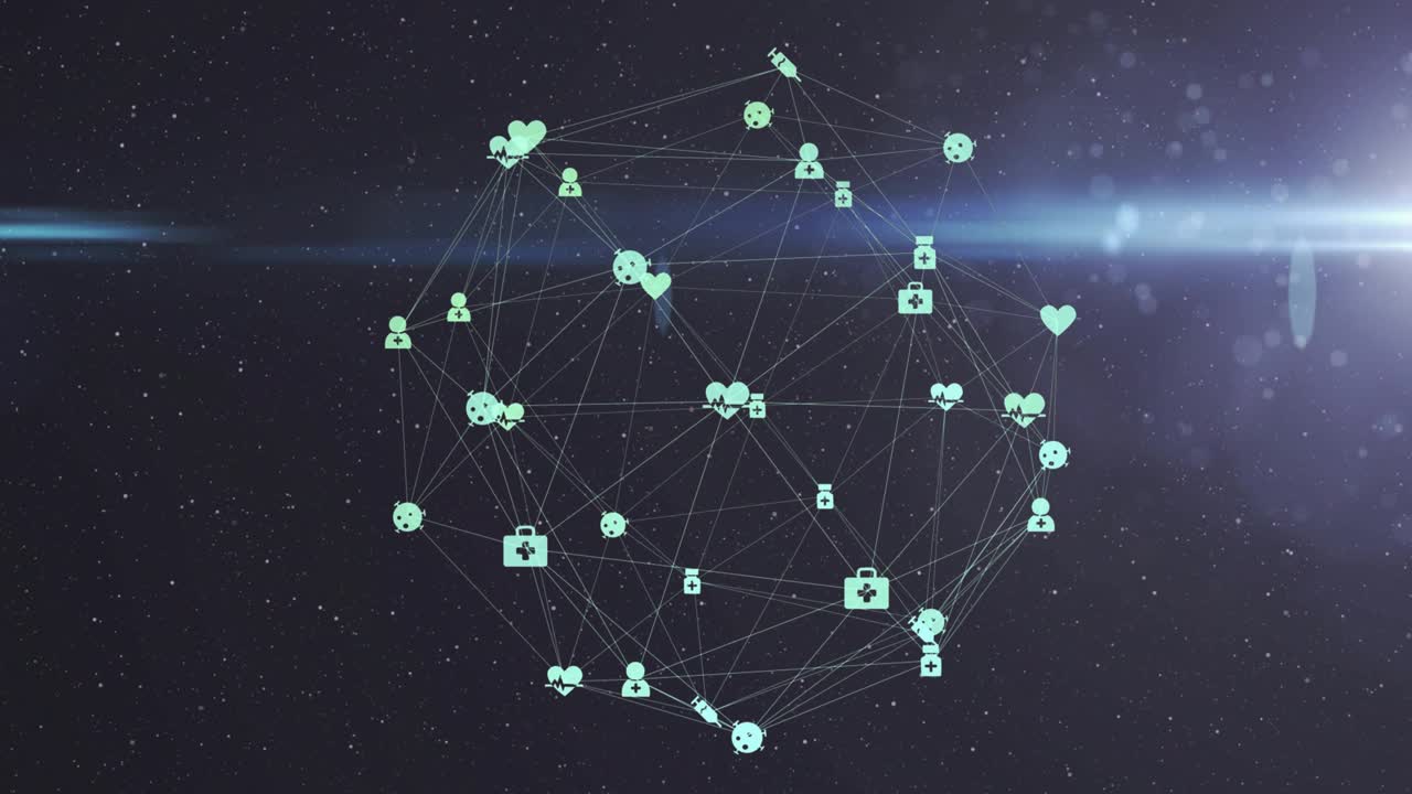 Sphere fading into view starting network rotating leftward revealing icon clusters with lens flare