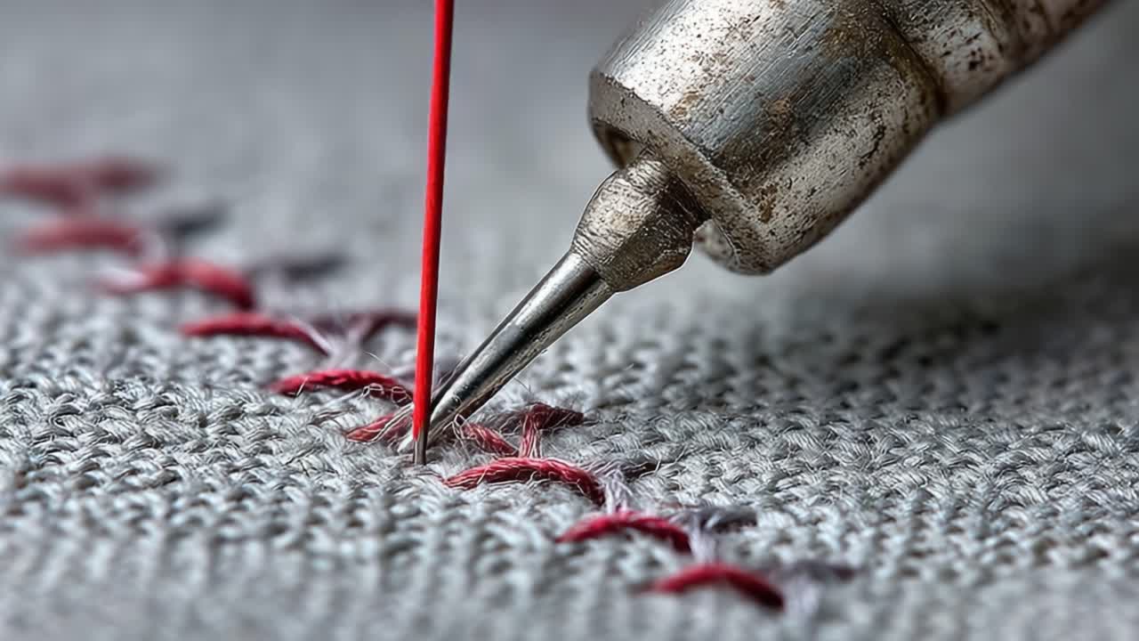 Raffinate tecniche di cucito: un primo piano di ago e filo al lavoro su tessuto, che mostra l'arte e la precisione dell'artigianato tessile.