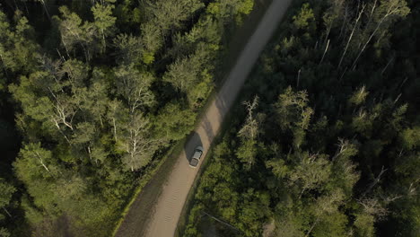 aerial view of truck driving through pine trees in boreal forest in saskatchewan, canada