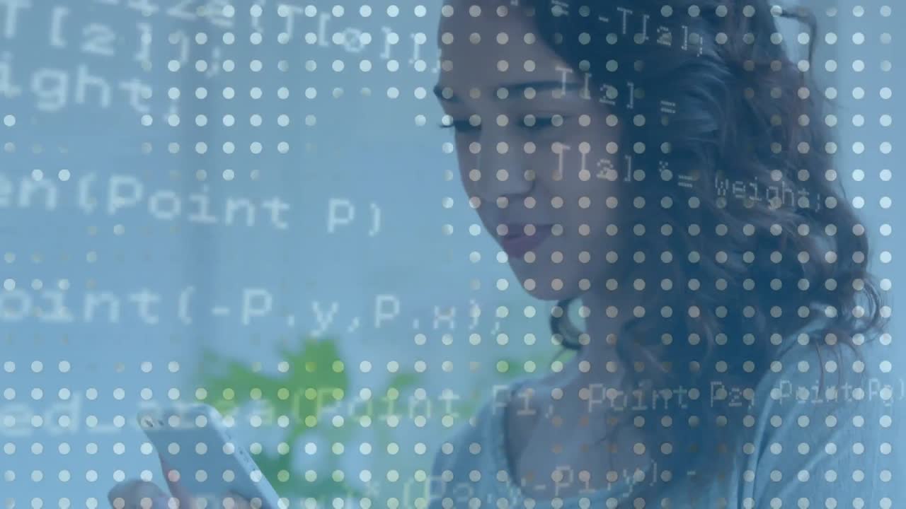 사무실에서 스마트폰을 사용하는 백인 여성에 대한 데이터 처리 애니메이션