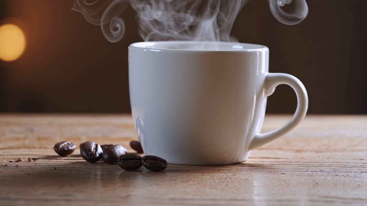 Una tazza di caffè fumante su un tavolo di legno, catturata in un primo piano con angolazione laterale