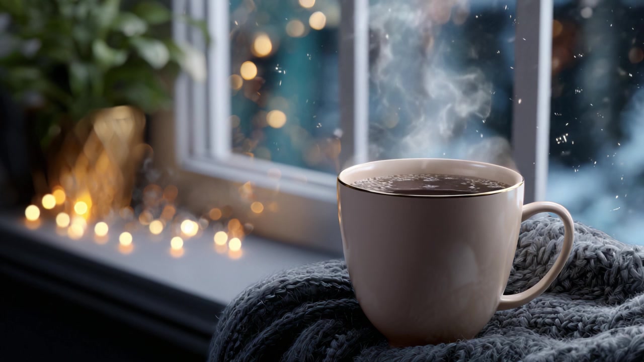 Cálida y acogedora taza de café humeante junto a la ventana, con vistas a un hermoso fondo bokeh de luces en un frío día de invierno, con texturas suaves y serenidad.