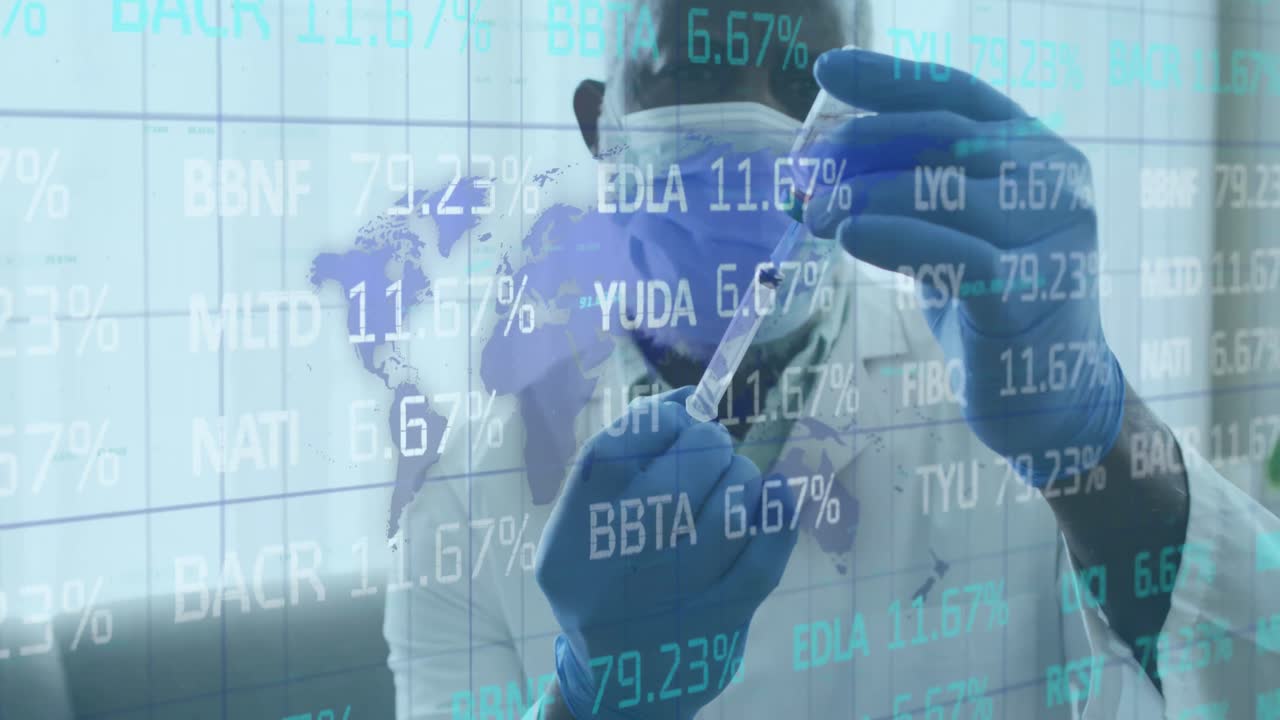 주식 시장의 애니메이션: 아프리카계 미국인 의사가 마스크를 쓰고 주사기와 백신을 들고 있다.