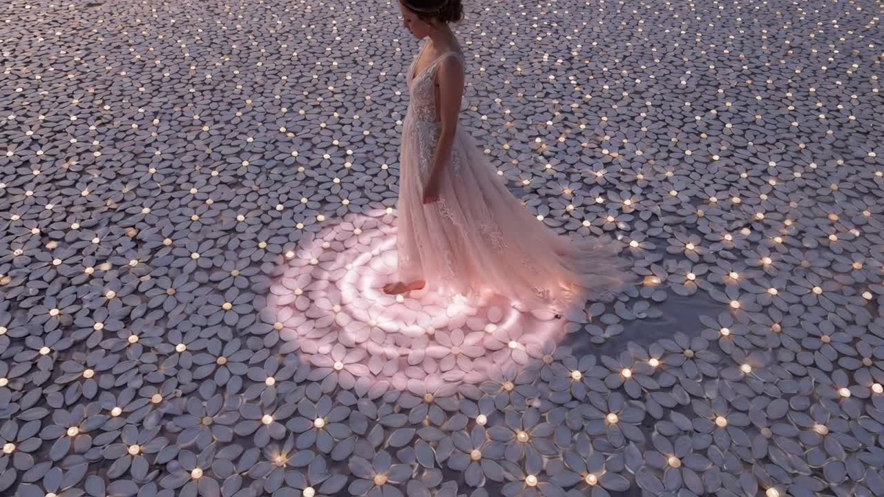 Sposa elegante cammina su un pavimento di fiori luminosi e sognanti