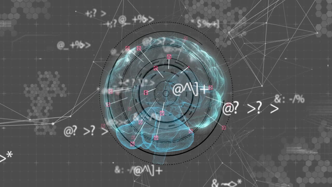 회색 배경에 디지털 뇌를 통해 데이터 처리 및 연결 네트워크의 애니메이션