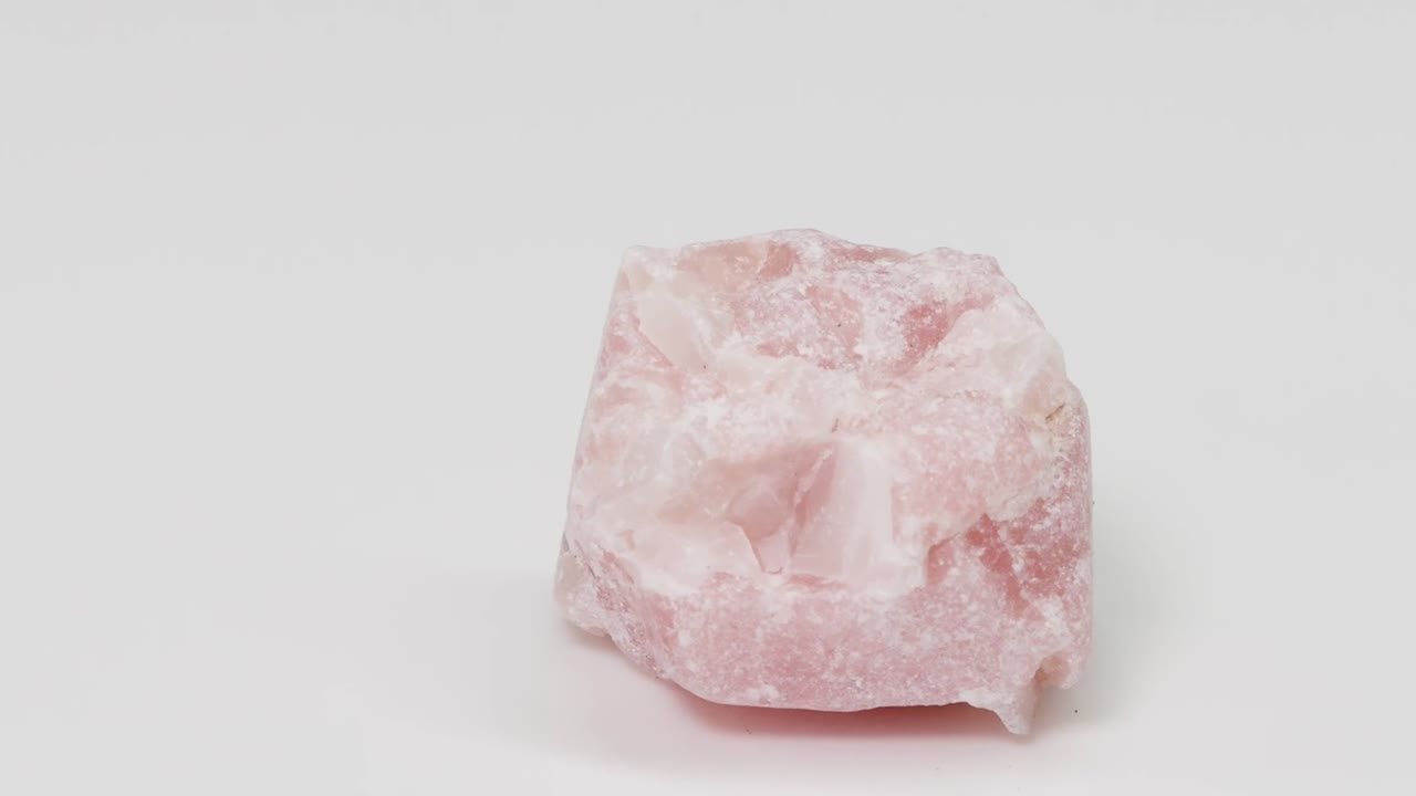 Detailed examination of a pink mineral rock from multiple angles on a plain background.