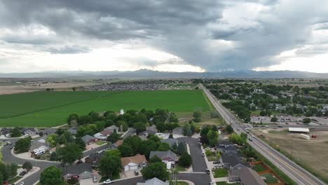 aerial shot of johnstown colorado road out of town with mountains in the background. realty establishing shot