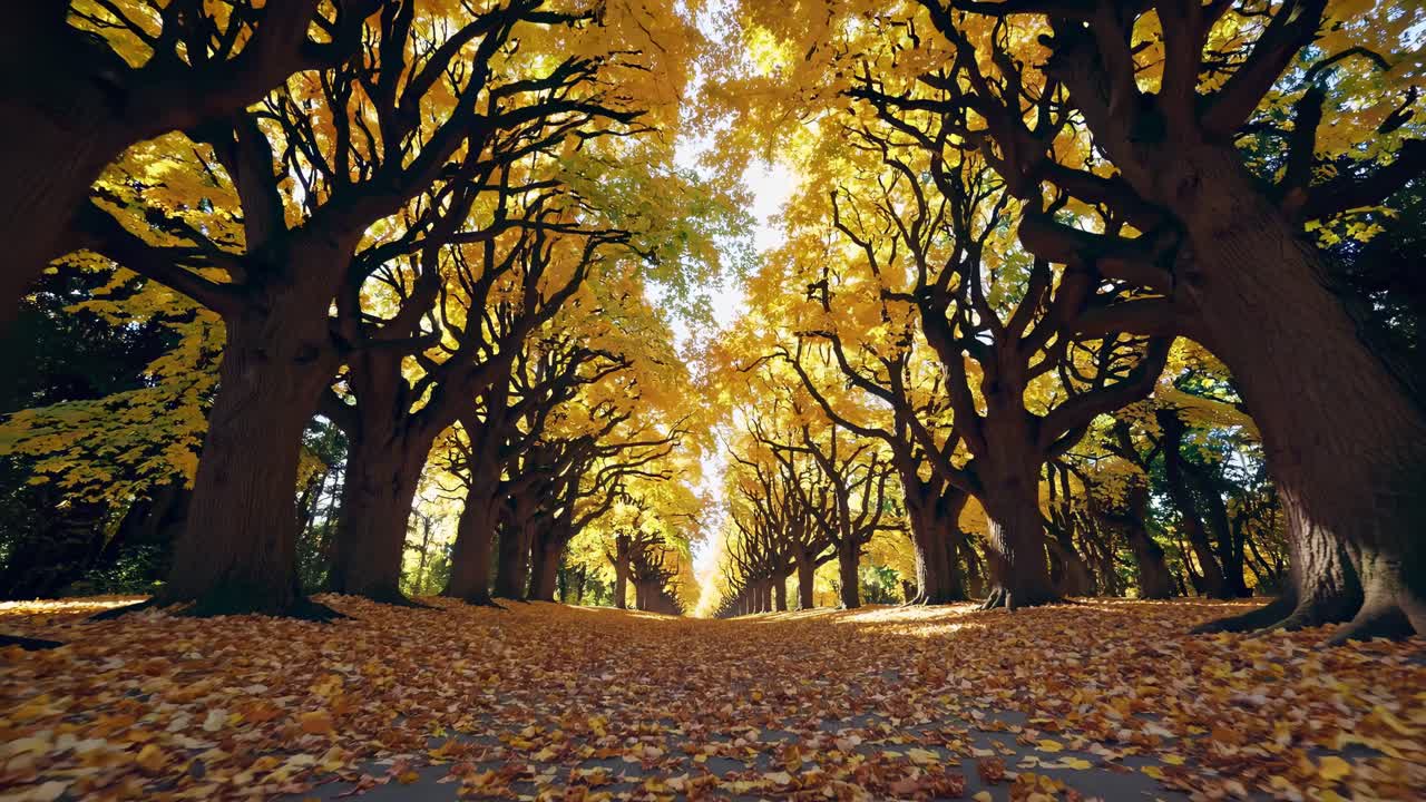 A mesmerizing low-angle video shot of a tree-lined path in autumn, with golden leaves