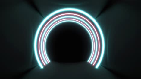 arcos de luz de neón concétricos azules y rosados pulsando sobre un fondo negro