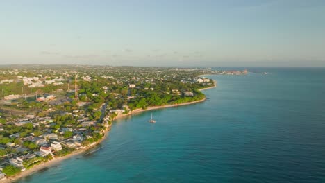 Picturesque-tropical-paradise-of-Prospect-Bay,-golden-hour-aerial