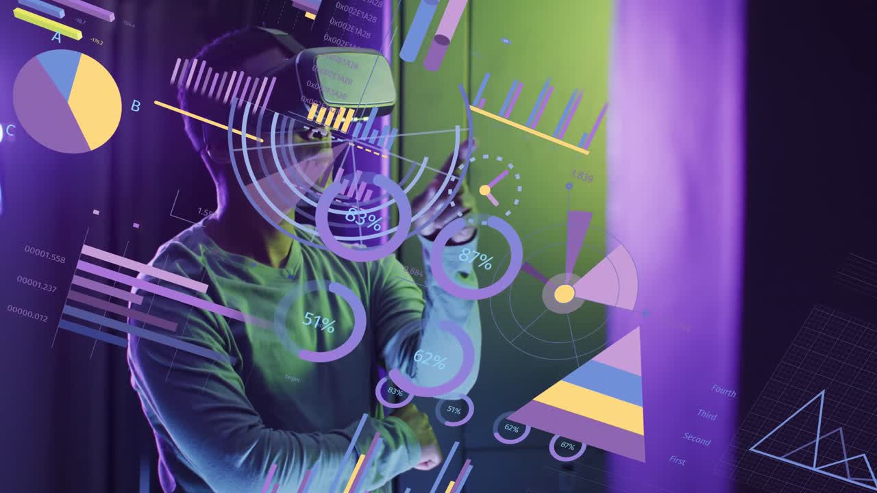 Animation of financial data processing over african american businessman using vr headset