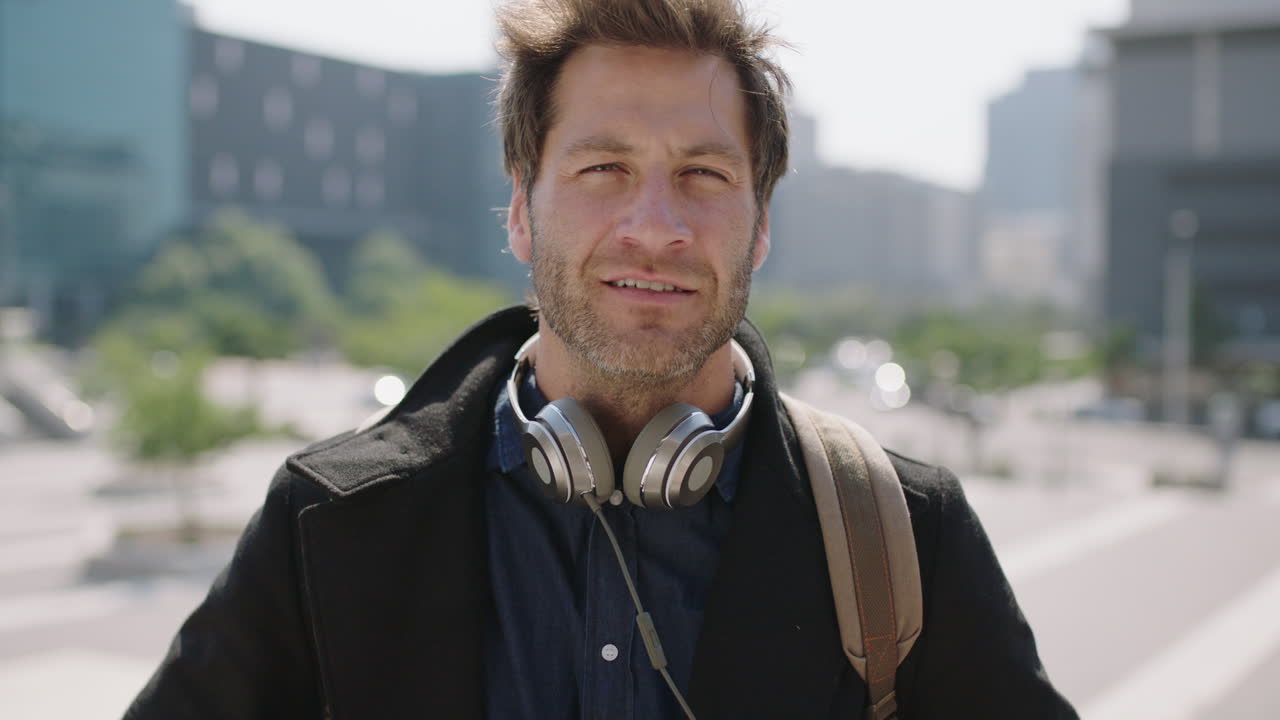 ⁇ 은 도시에서 아름다운 젊은 백인 남자의 초상화 음악을 듣고 헤드폰을 벗고 카메라를 보고 편안한 라이프 스타일을 즐기고 있습니다.