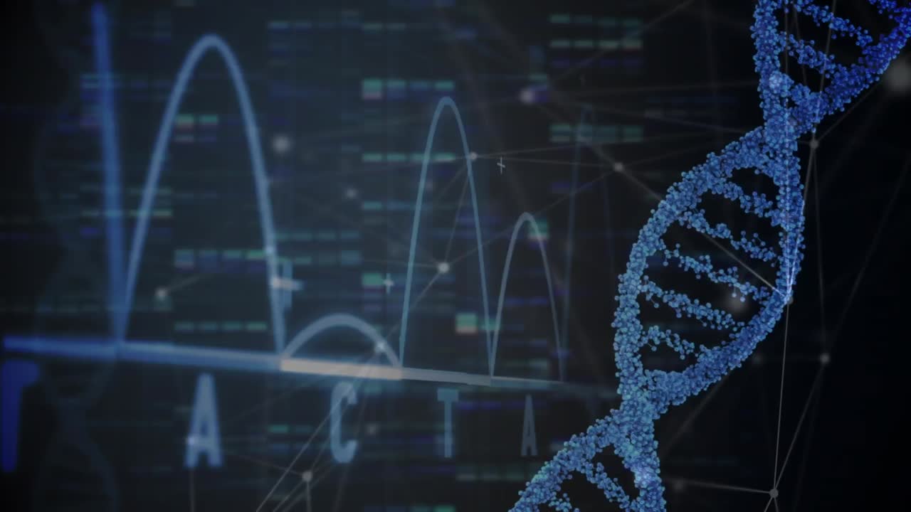 파란색 배경에 과학적 데이터 처리 위에 회전하는 dna 가닥의 애니메이션