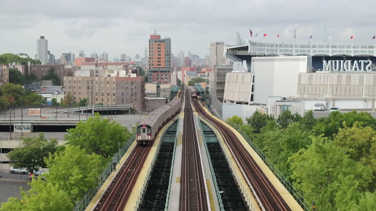 Aerial view of Yankee Stadium on a summer morning. Shot in The Bronx in 4k.