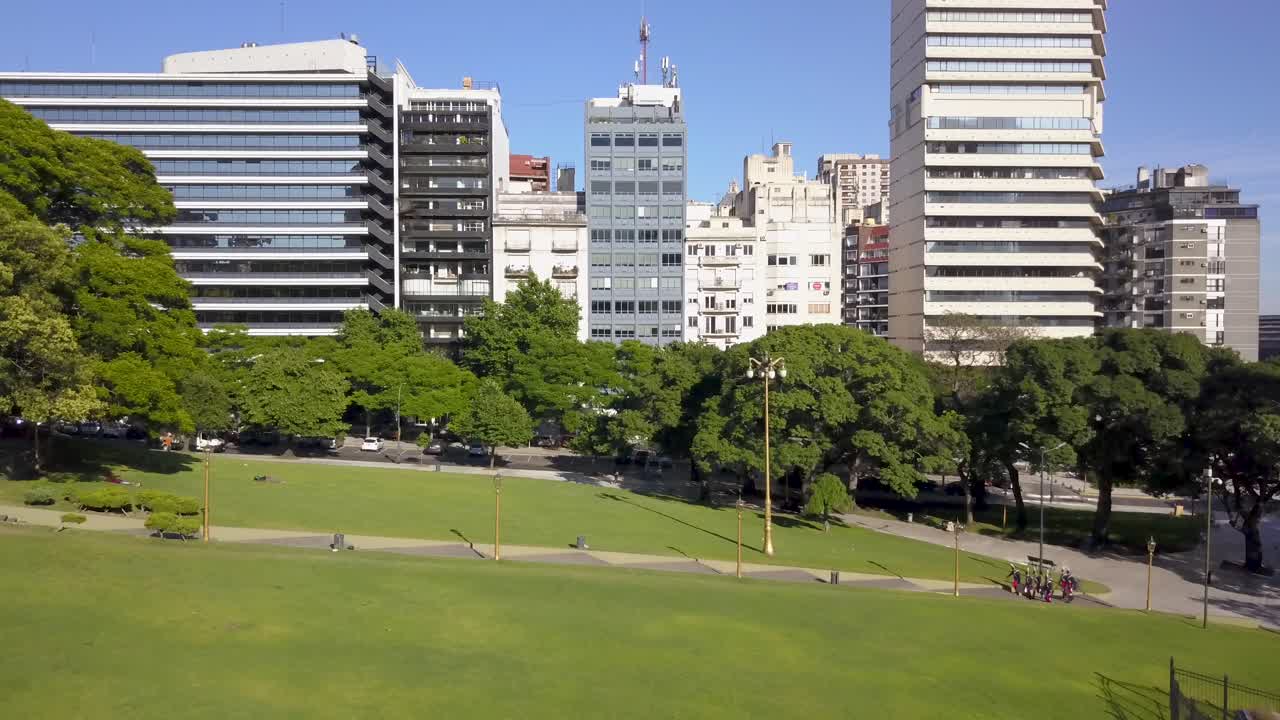 Aerial of The Regiment of Patricians walking in Plaza San Martin, Buenos Aires