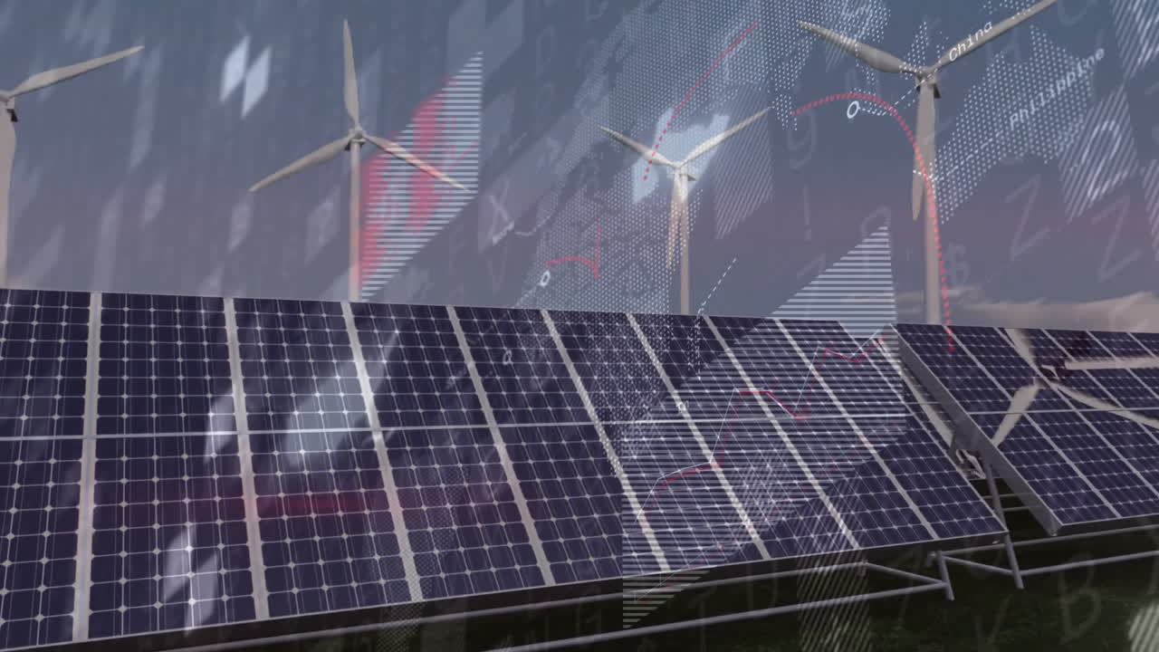 Solar panels and wind turbines with data processing animation overlay