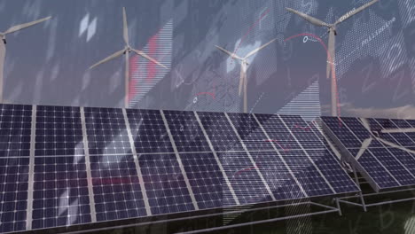 solar panels and wind turbines with data processing animation overlay