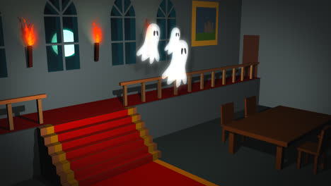 a scary night with a bright moon. dark, haunted mansion interior with torches, carpet and old furniture. evil ghost flying through the room and disappears behind the wall.