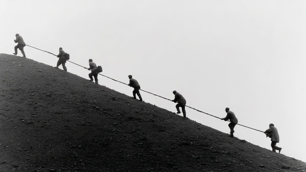 A Determined Team Climbs a Steep Hill Together, Demonstrating Strength, Cooperation, and Perseverance in a Challenging Journey Against Adversity