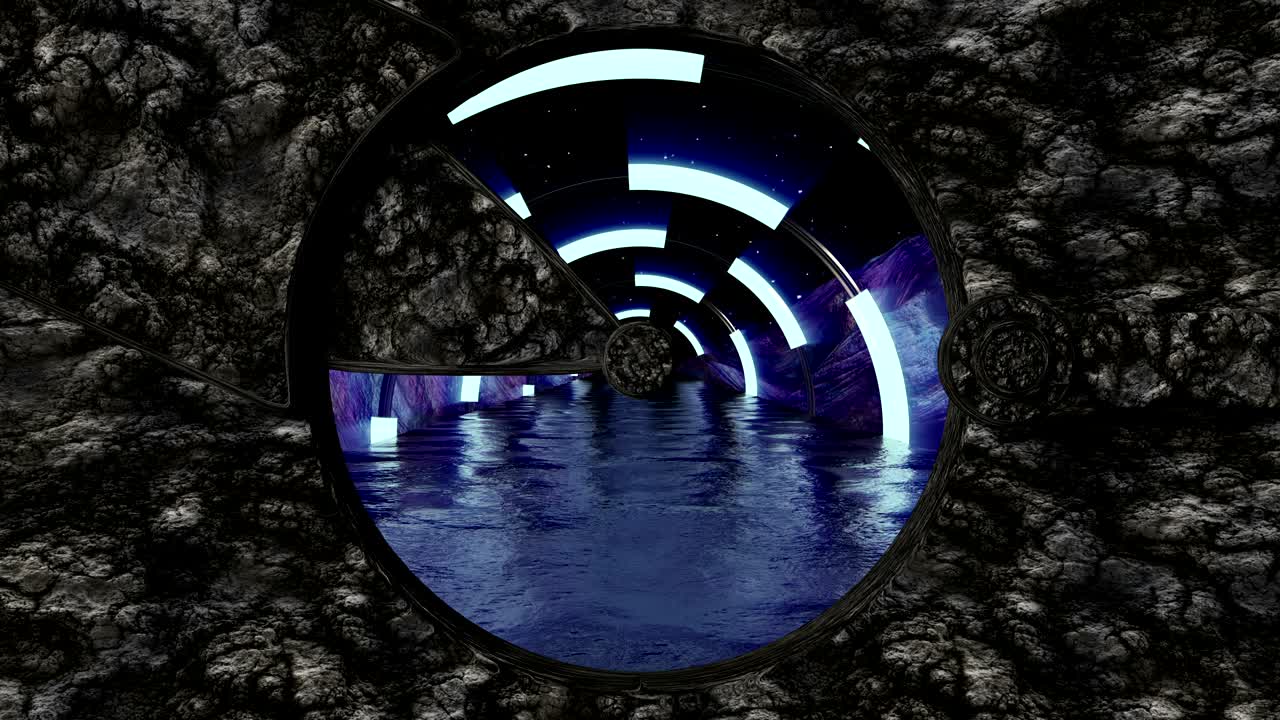 la puerta de piedra abre una vista panorámica a la escena del paisaje alienígena. fondo abstracto en 3d de un corredor de ciencia ficción. tecnología futurista vj para títulos tecnológicos y fondo.