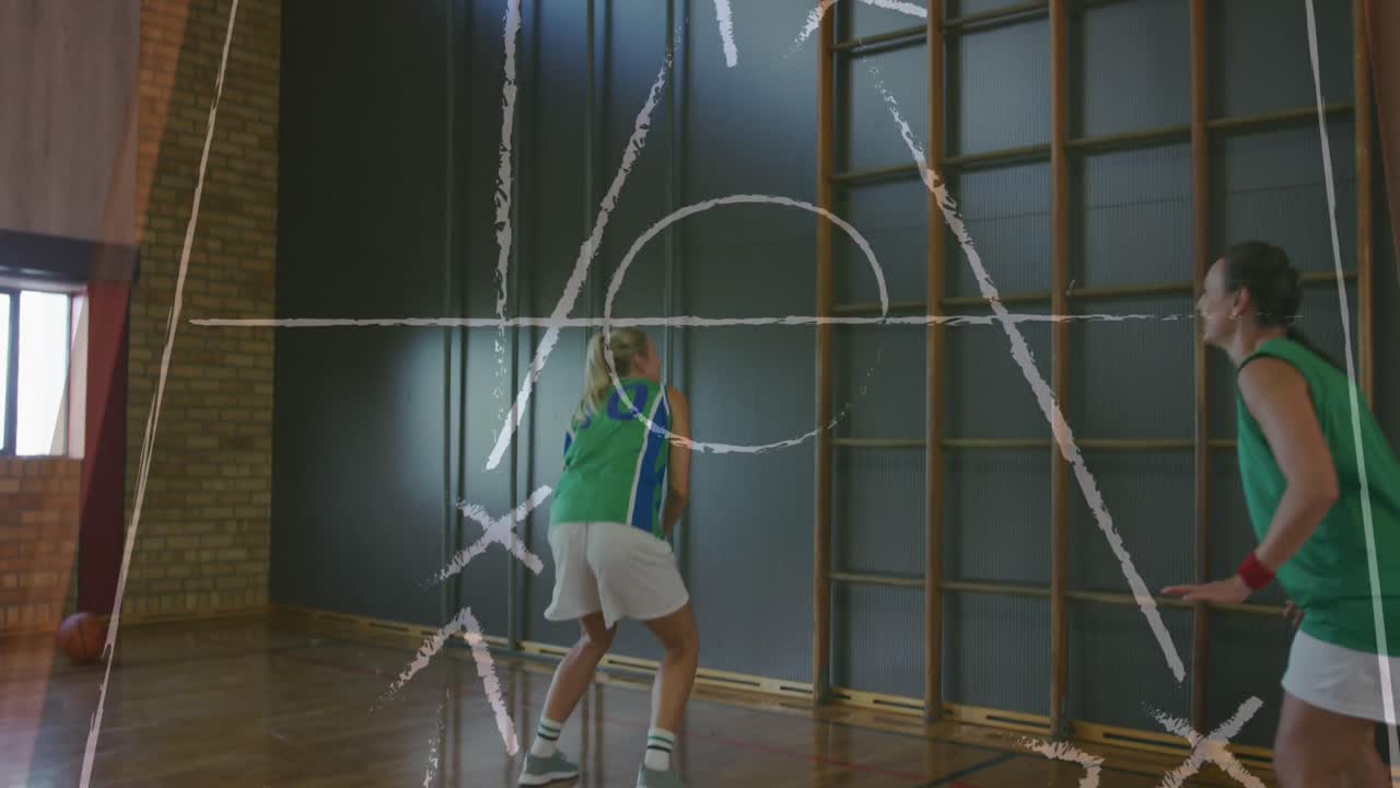 Animation of drawing of game plan over diverse female basketball players