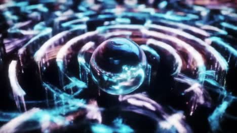 a captivating journey through a neon-illuminated maze featuring a glimmering sphere at the center, showcasing fluid motion and intricate pathways of light and reflection