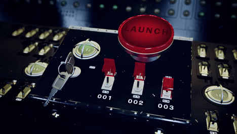 a retro launch control center that monitors and controls missile launch facilities. animation of a large red button marked – launch – on a control metal console full of electric switches and buttons.