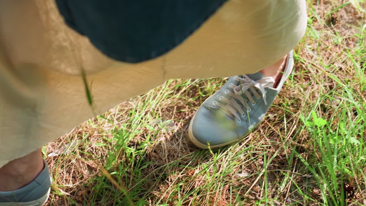 Aerial view of picnic lover wearing gown and blue jacket walking gracefully through sunlit green grass, soft breeze creating movement, symbolizing peace, and joyful outdoor connection with nature