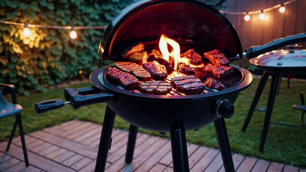 Video ripreso dal basso di un barbecue da giardino con bistecche sfrigolanti, circondato da luci a catena.