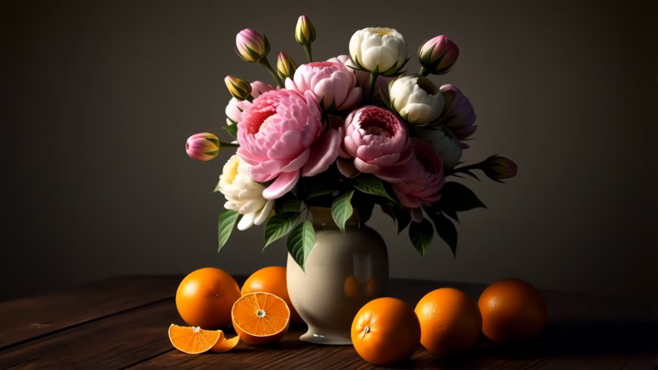 Still life arrangement of pink and white peonies in a vase with oranges on a wooden table