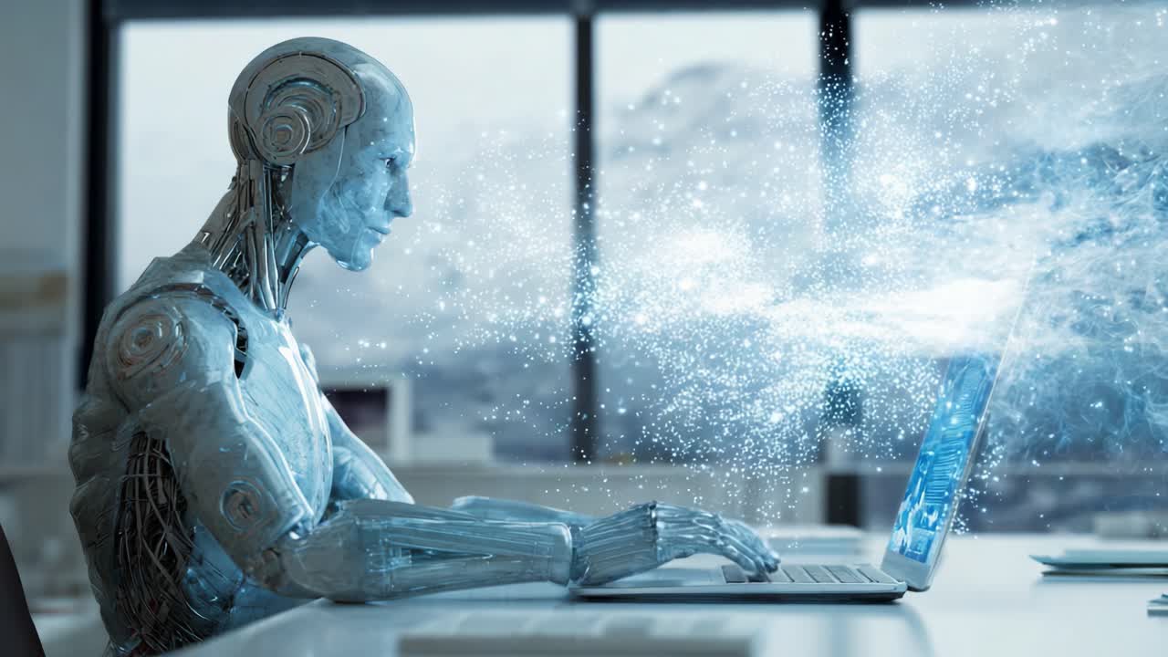 A futuristic humanoid robot interacts with a laptop, displaying digital data streams that illustrate advanced artificial intelligence and technological advancements in the modern workspace