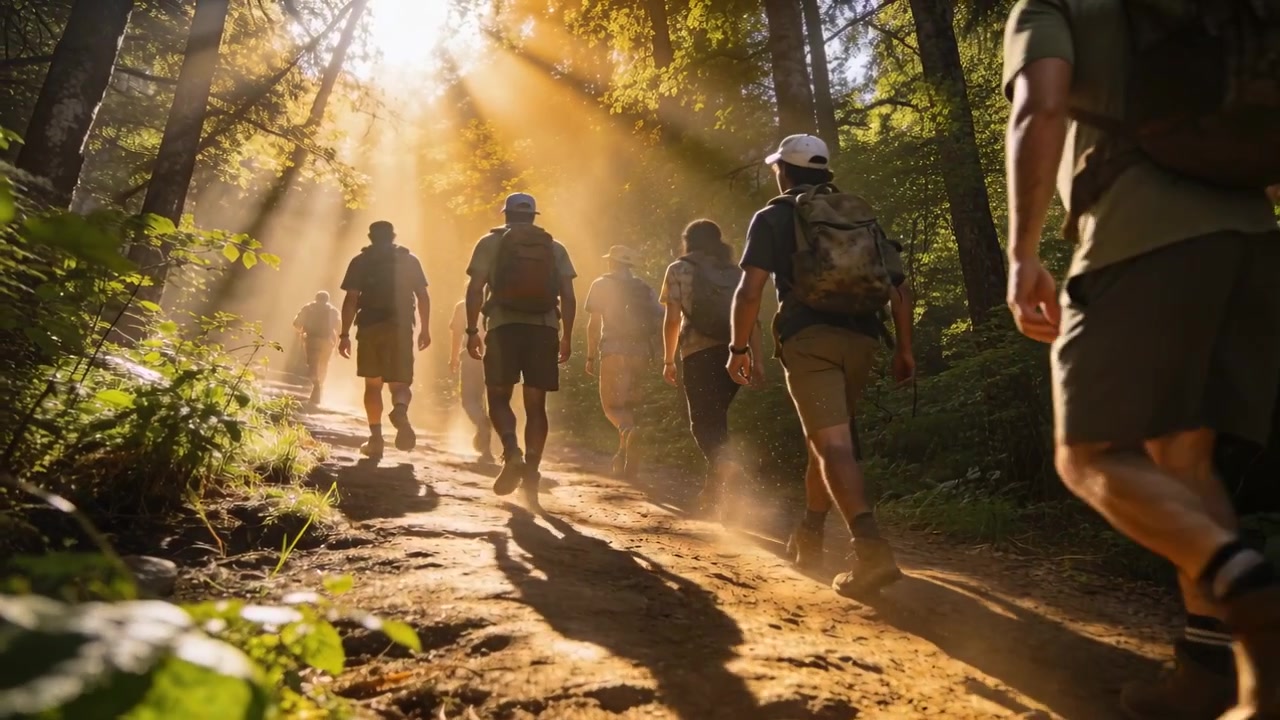 Sieben Wanderer steigen bergauf auf einem Pfad zu einer sonnenbeschienenen Lichtung, Staub aufwirbelnd mit Rucksäcken, Mützen und Stiefeln.
