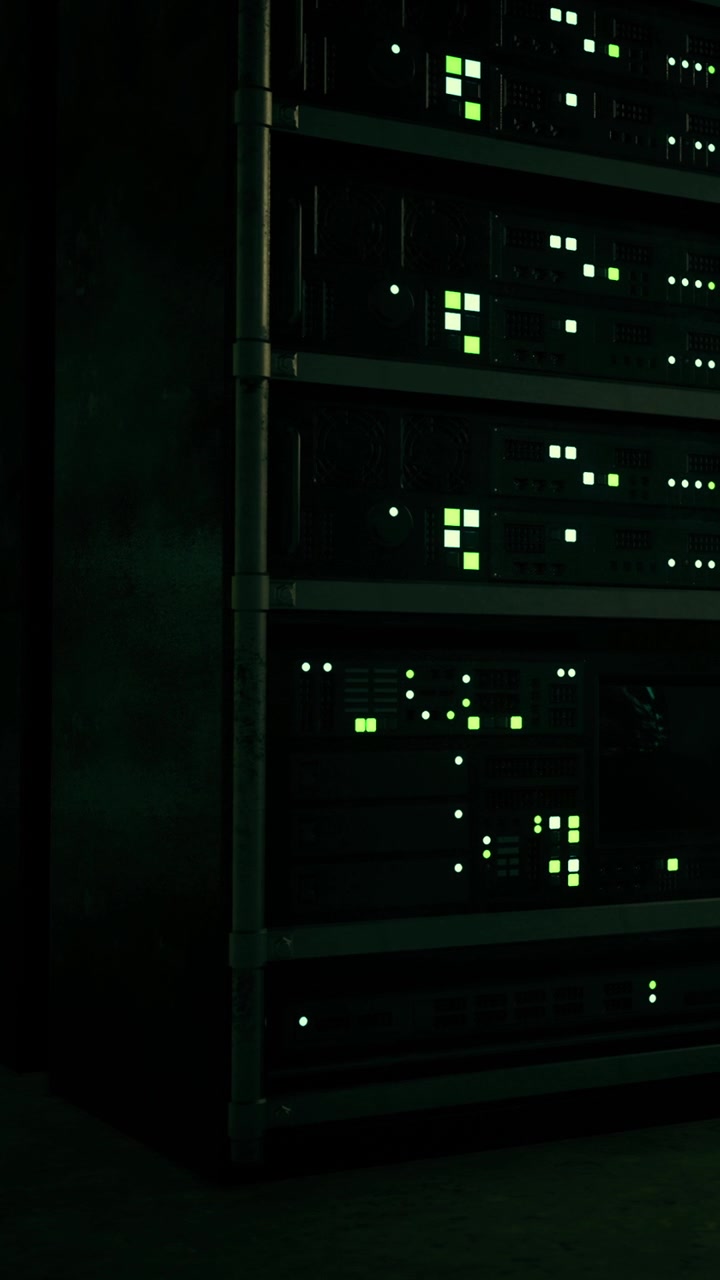 Server di dati si illuminano di verde in una sala server buia di notte