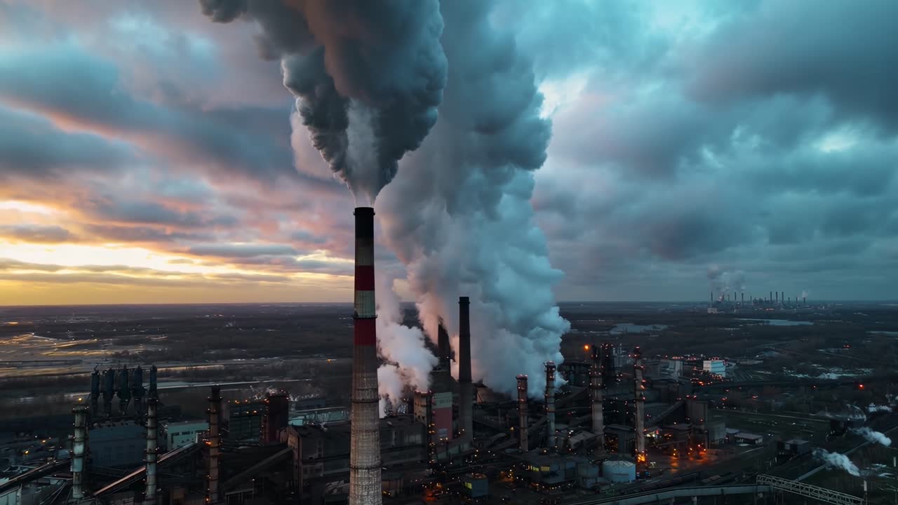 Veduta aerea di un impianto industriale con fumo che esce dai camini al tramonto