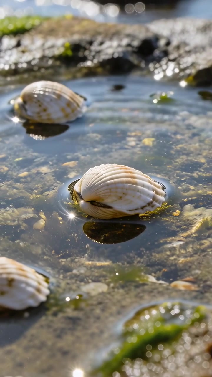 Vertical video: Rippling tidepool making rings from small disturbance, revealing white ridged shell
