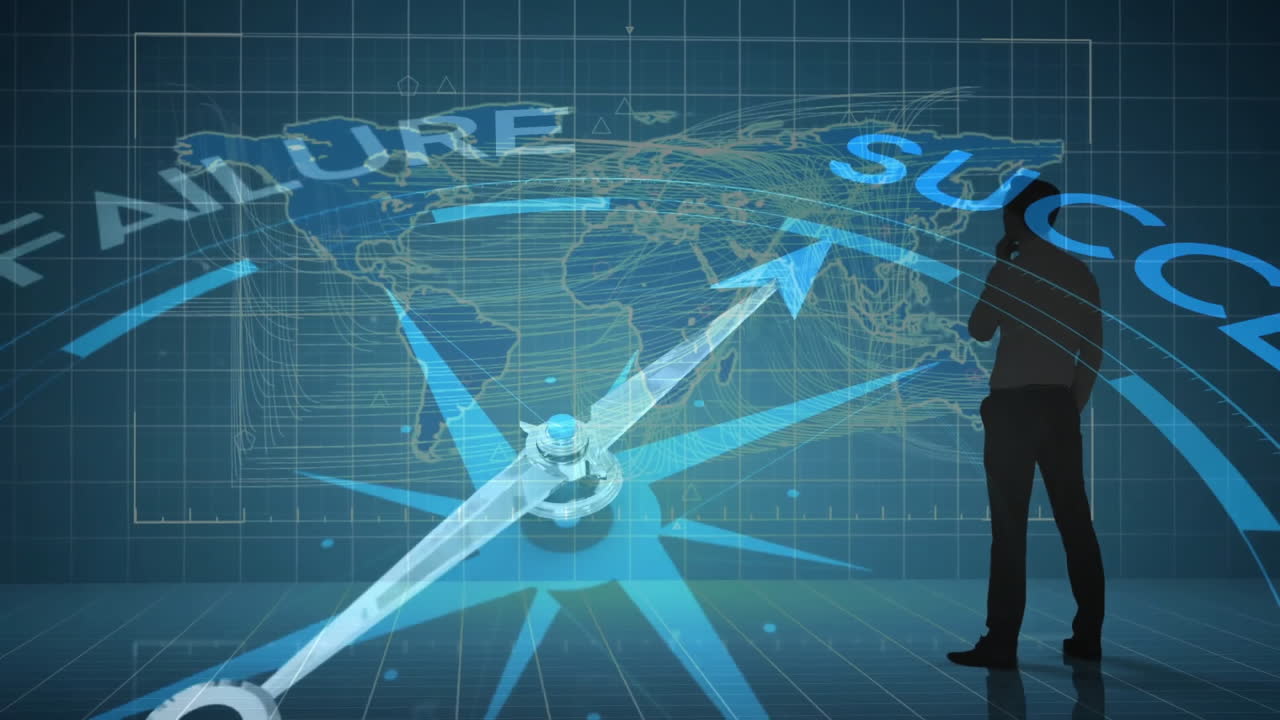 Compass pointing towards success with animation of person over world map