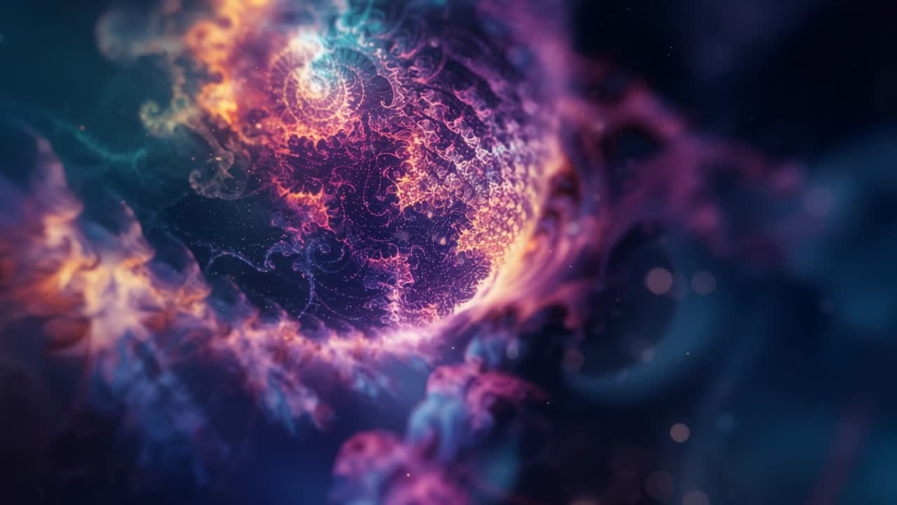 Opening fractal spiral rotating in cosmic void, camera pulling back revealing branching filaments