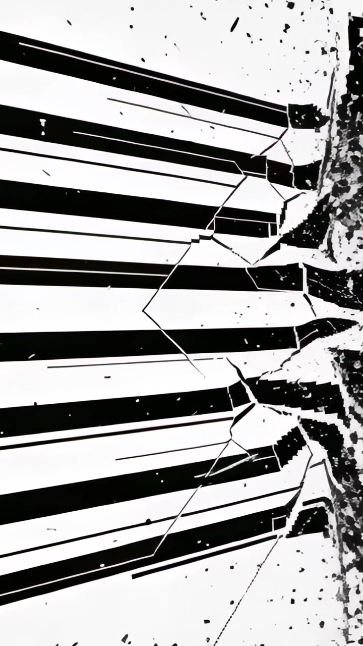 Video verticale: Pannello a strisce che si incrina e si ritira in primo piano, con crepe causate da un impatto.